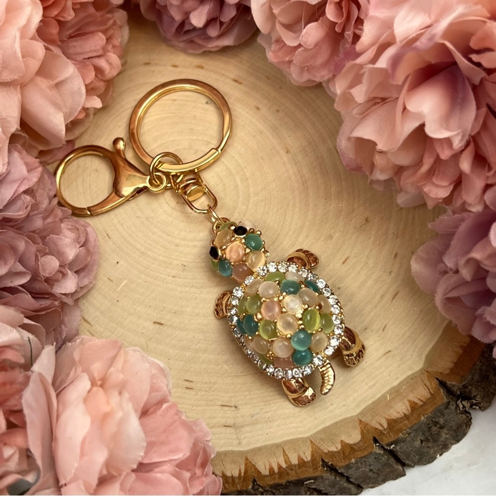 Gorgeous Crystal and Beaded Pastel Turtle Keychain Charm - Picture 7 of 16